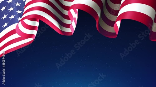Animated fireworks US flag. USA national holiday. Veterans day, memorial, labor, independence. Greeting card template. Banner. American colorful fireworks flag on night sky background. Seamless loop