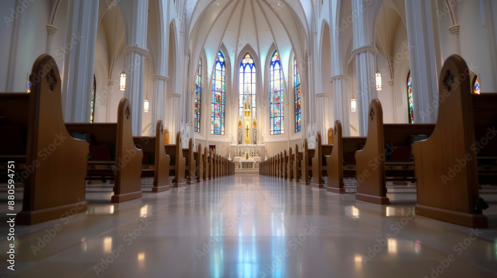 Fototapeta premium '' wide angle of a Catholic church interior with high arches stained glass windows and a grand altar 