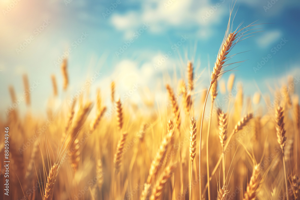 Golden wheat field background, sunny day with blue sky. Retro filter. Golden wheat field background, sunny day with blue sky. Retro filter.