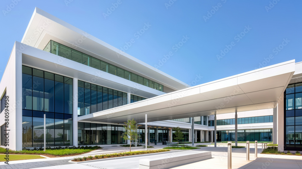 '' wide angle of a maternity hospital exterior with a modern design and a clear blue sky '' wide angle of a maternity hospital exterior with a modern design and a clear blue sky