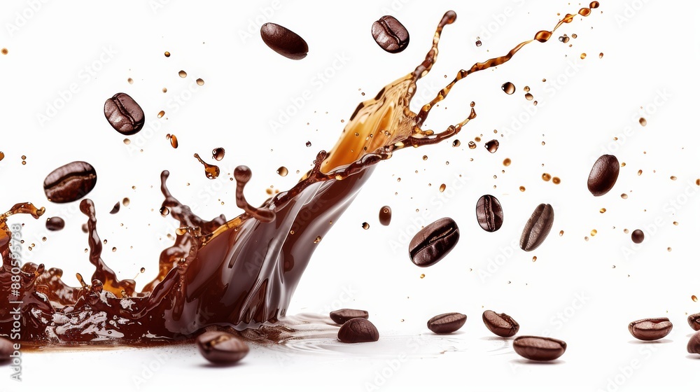 Energetic coffee splash with flying beans on white background. Dynamic motion captures invigorating aroma and excitement. Great for beverage projects Energetic coffee splash with flying beans on white background. Dynamic motion captures invigorating aroma and excitement. Great for beverage projects
