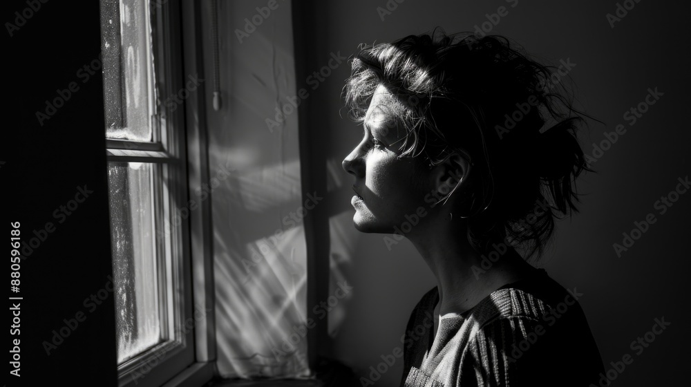 A black and white photograph of a woman gazing out a window with a contemplative expression A black and white photograph of a woman gazing out a window with a contemplative expression
