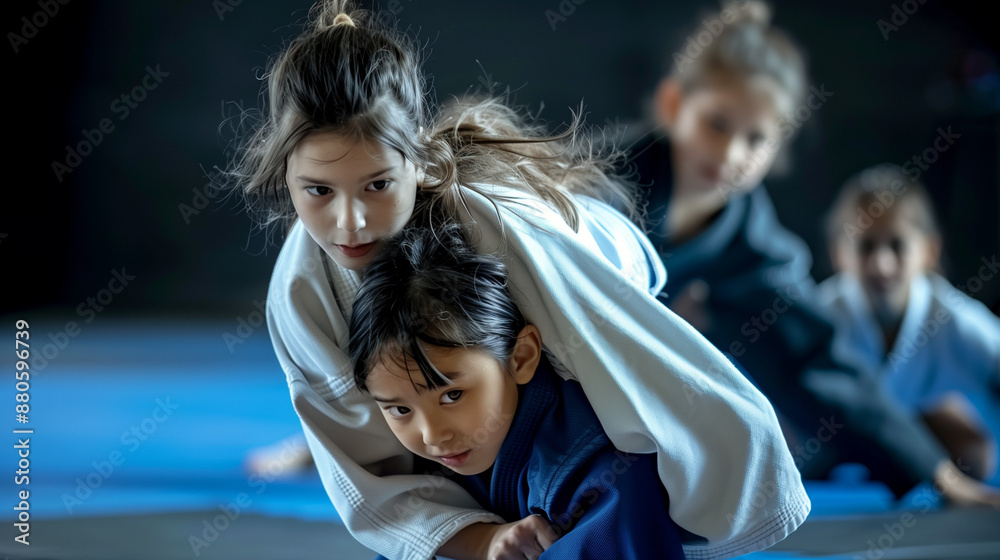 Naklejka premium Two girls practicing judo techniques in a dojo environment.