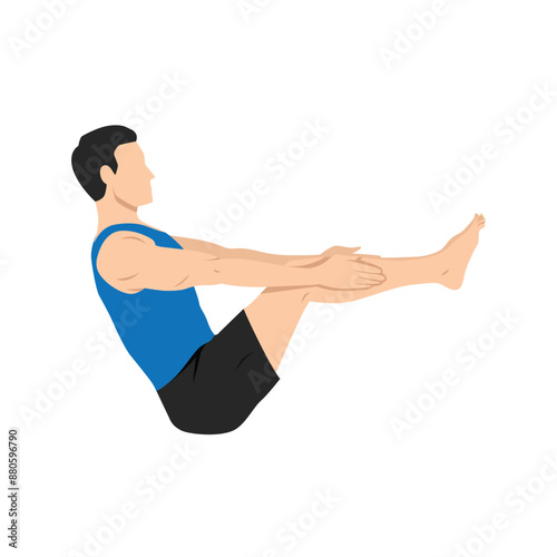 Man doing half boat pose ardha navasana exercise. Flat vector illustration isolated on white background