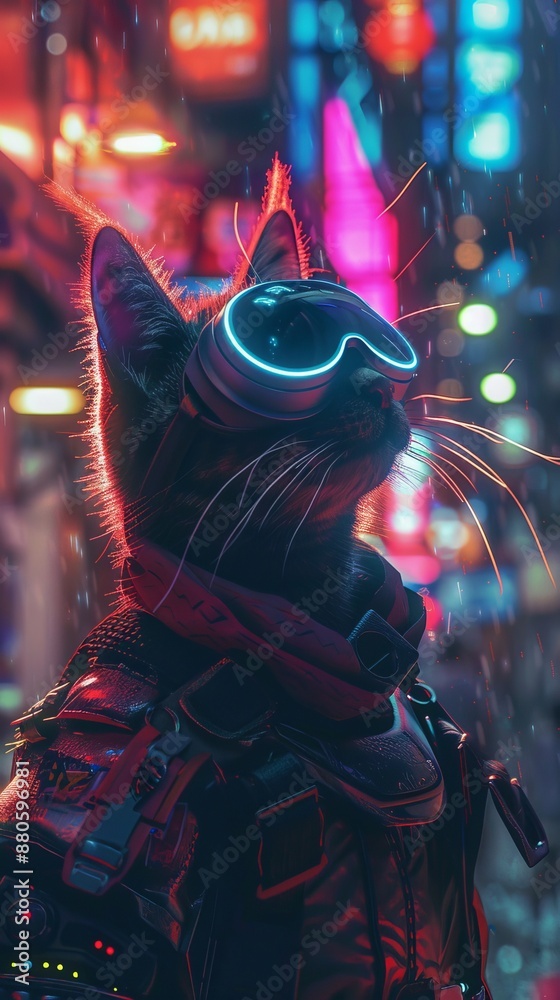 Cyberpunk cat wearing futuristic goggles is exploring a neon-lit city at night, showcasing a blend of technology and feline curiosity Cyberpunk cat wearing futuristic goggles is exploring a neon-lit city at night, showcasing a blend of technology and feline curiosity