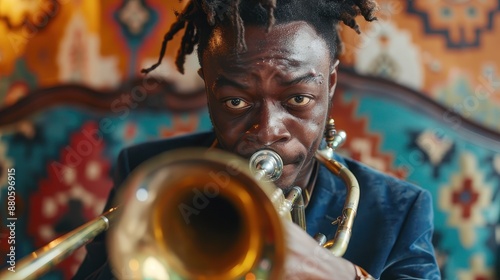 Portrait of a Passionate Jazz Musician Playing the Trumpet photo