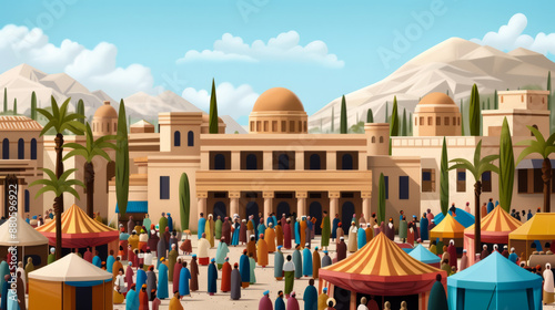 A wide-angle view of a bustling ancient marketplace with merchants, colorful tents, and people in traditional biblical clothing 