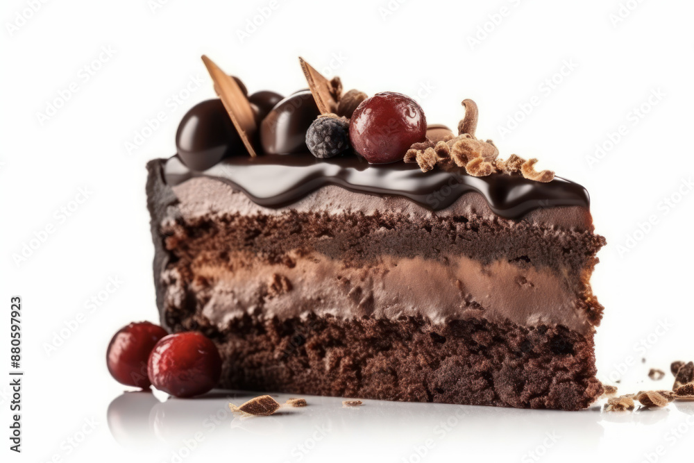 Slice of chocolate cake with chocolate shavings Slice of chocolate cake with chocolate shavings