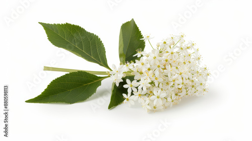 blooming elderflower with white clusters, isolated on a white background, used in cold and flu remedies 