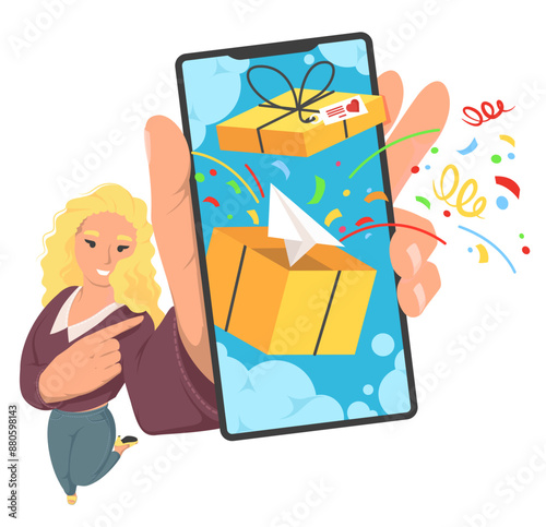 Smartphone bonus, voucher reward, referral gift advertising. Happy woman customer showing mobile phone screen with shopping program and prize for purchase vector illustration