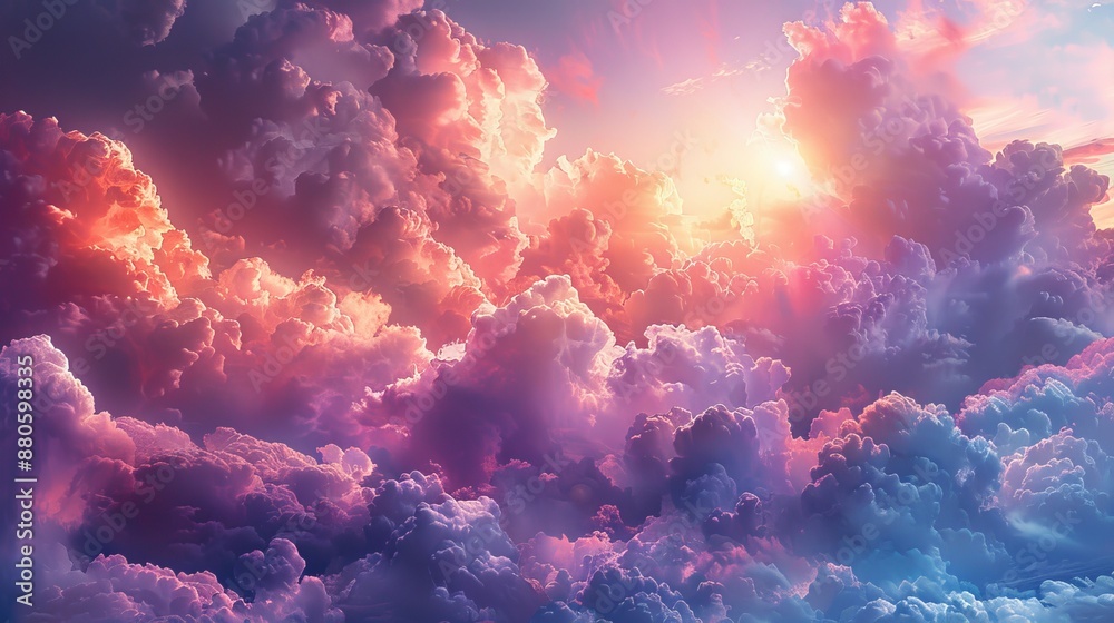 Dramatic sky with vibrant colors and fluffy clouds illuminated by the sun, evoking wonder and awe. A breathtaking scene of hope, peace, and freedom