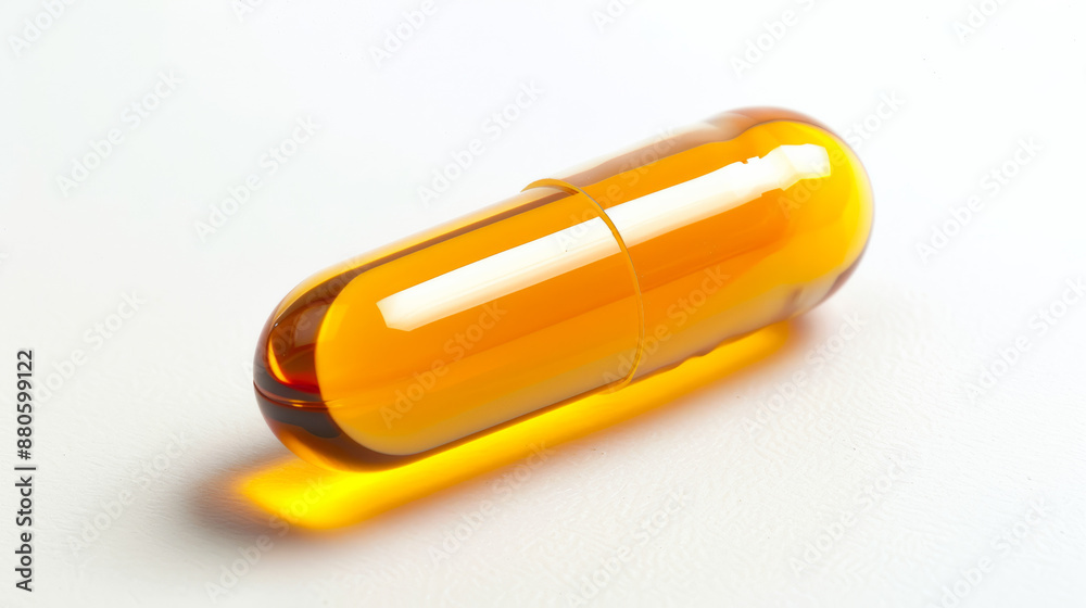 close-up of a single omega-3 capsule with light reflections, isolated on a white background, clear and detailed close-up of a single omega-3 capsule with light reflections, isolated on a white background, clear and detailed
