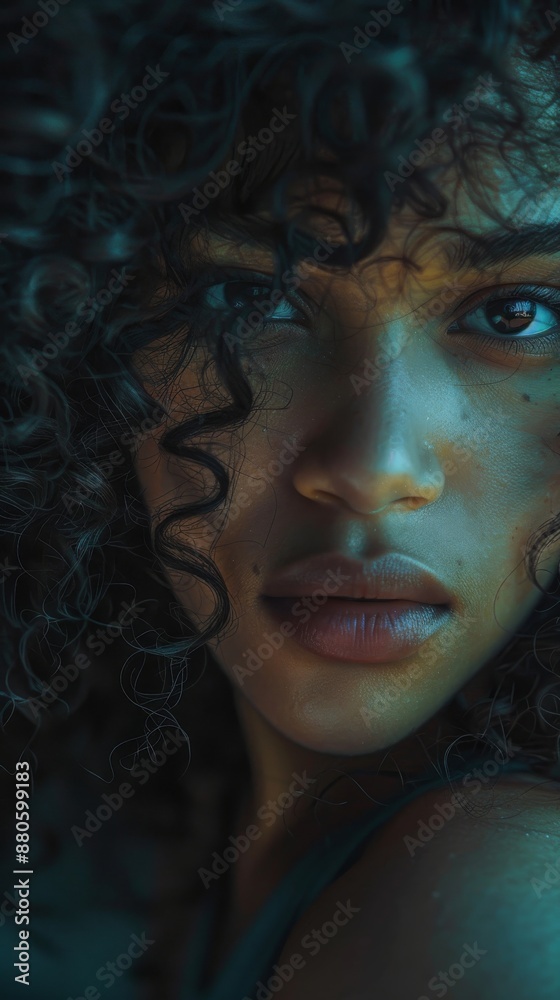 Close-up portrait of a young woman with curly hair and brown eyes, illuminated by a blue light, creating a mysterious and captivating atmosphere Close-up portrait of a young woman with curly hair and brown eyes, illuminated by a blue light, creating a mysterious and captivating atmosphere