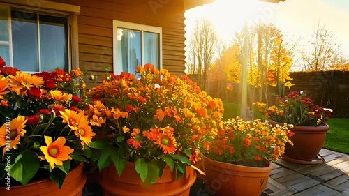 Wallpaper Mural A row of orange and yellow flowers in pots sit on a porch. Autumn flowers are in full bloom and the sun is shining on them, creating a warm and inviting atmosphere Torontodigital.ca