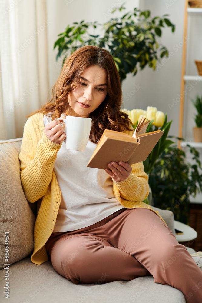 Middle-aged woman relaxes on couch with coffee cup. Middle-aged woman relaxes on couch with coffee cup.