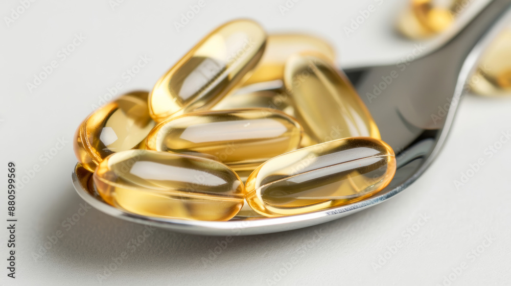close-up of omega-3 capsules in a spoon, isolated on a white background, shiny and reflective close-up of omega-3 capsules in a spoon, isolated on a white background, shiny and reflective
