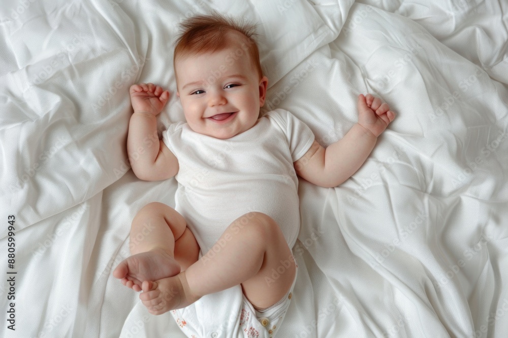 A baby is lying down on a bed with white sheets, surrounded by comfort and innocence