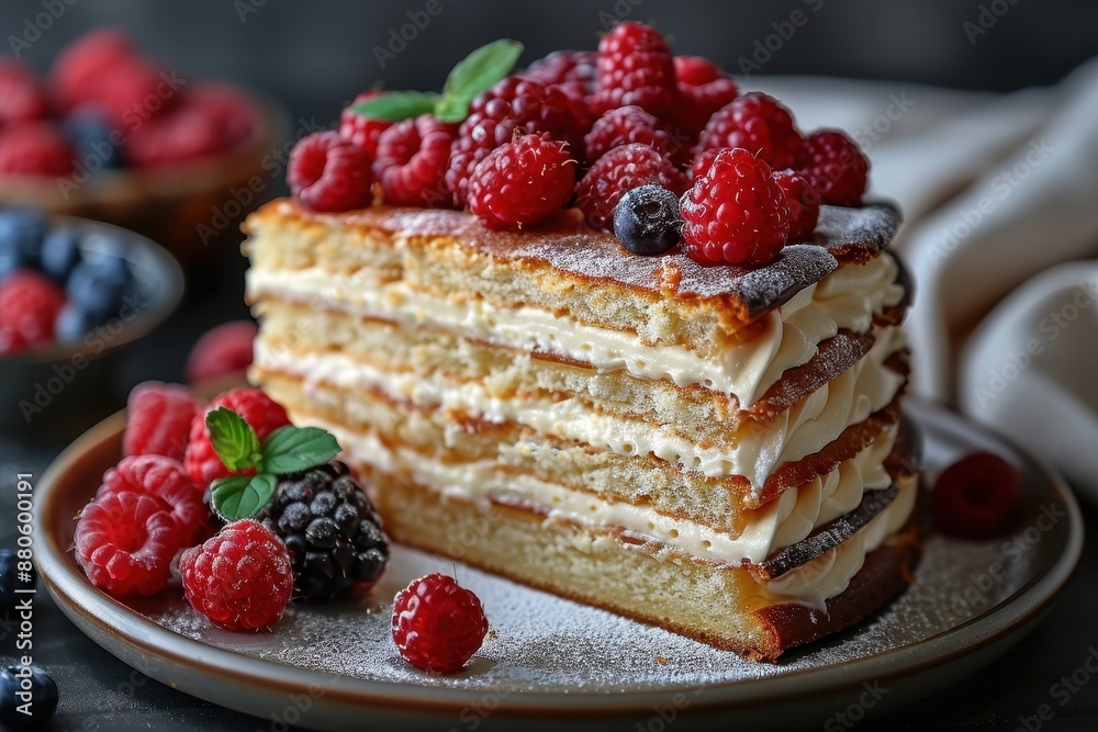 A slice of Russian honey cake, Medovik, with its multiple layers of honey-infused dough and cream filling, garnished with fresh berries. A slice of Russian honey cake, Medovik, with its multiple layers of honey-infused dough and cream filling, garnished with fresh berries.
