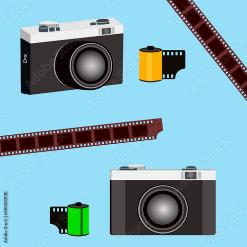 Vintage retro old film camera with 35 mm film strip on blue background, portable retro camera for taking photo in 90s, 1990 technology, vector illustration. 