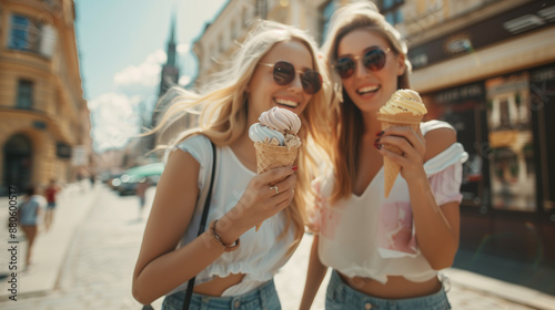 woman walking in the city having ice cream 