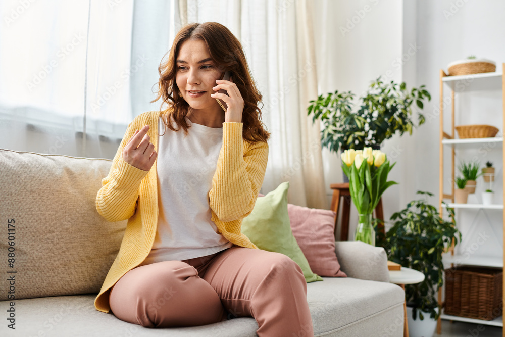 Middle aged woman sitting on couch, engaged in phone call. Middle aged woman sitting on couch, engaged in phone call.