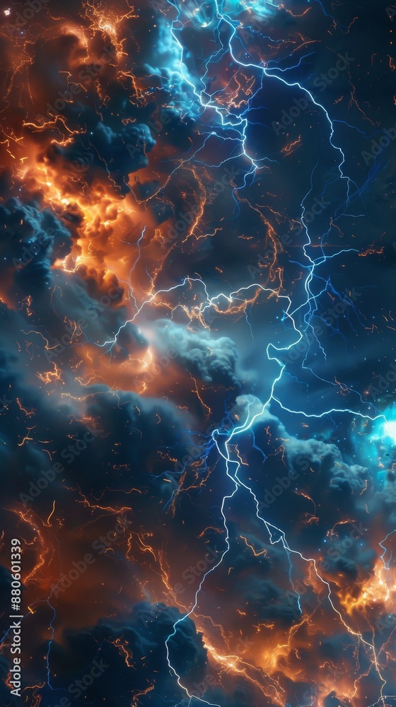 Obraz premium Blue and orange lightning bolts are illuminating the night sky, creating a dramatic and powerful scene of nature's fury