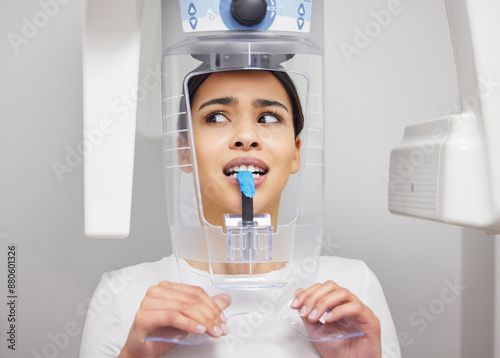 Принти на полотні Woman, dental or x ray machine at dentist appointment with scared anxiety for cavity, nervous for exam with oral care