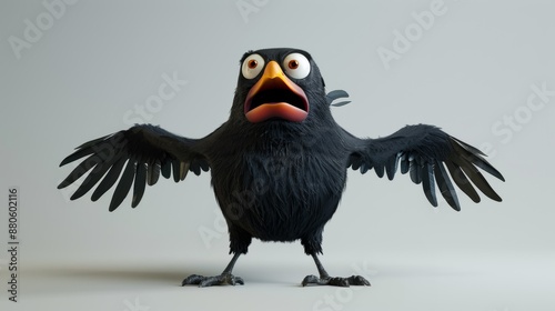 A cartoon bird with its wings spread wide and an open mouth. The bird appears to be in a state of shock or surprise