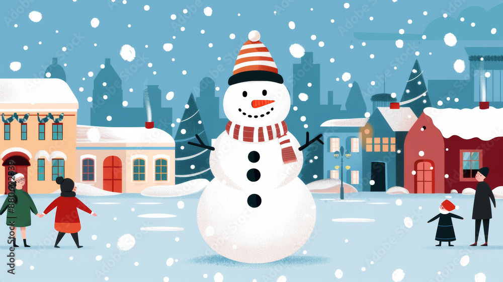 Happy snowman and children standing in winter christmas town street Space for text Happy snowman and children standing in winter christmas town street Space for text