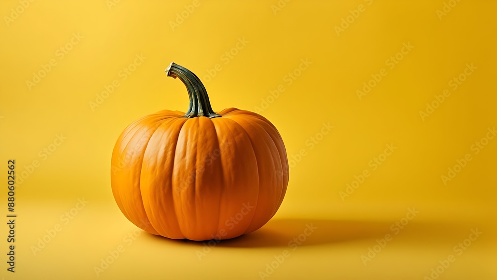 Orange pumpkin on a yellow background with shadow. Autumn harvest, Thanksgiving, Halloween, and seasonal decoration concept. Copy space Orange pumpkin on a yellow background with shadow. Autumn harvest, Thanksgiving, Halloween, and seasonal decoration concept. Copy space