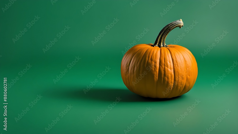 Orange pumpkin on green background with shadow. Creative image with copy space. Autumn harvest, Thanksgiving, Halloween, and seasonal decoration concept. Design for poster, greeting card, banner Orange pumpkin on green background with shadow. Creative image with copy space. Autumn harvest, Thanksgiving, Halloween, and seasonal decoration concept. Design for poster, greeting card, banner