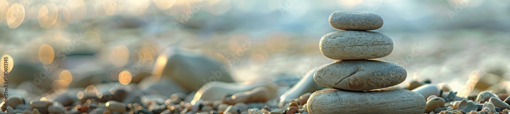 Balanced Stones on Seashore at Sunset Calm Zen Balanced Stones on Seashore at Sunset Calm Zen