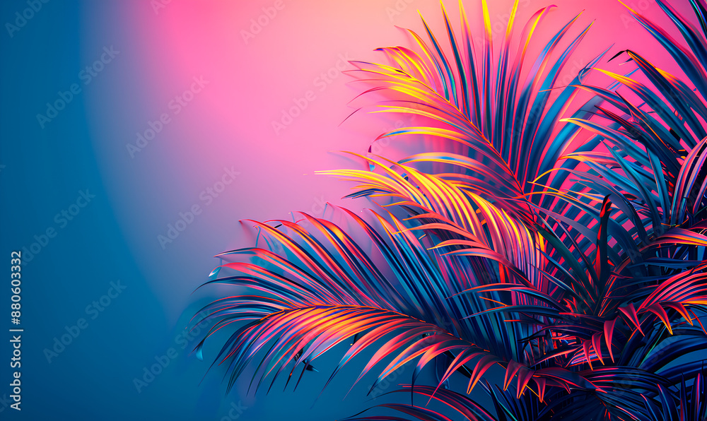 Palm leaves bathed in neon pink and blue light create a tropical aesthetic Palm leaves bathed in neon pink and blue light create a tropical aesthetic