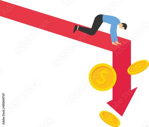 Economy collapse. Financial instability and stock market crash. Investor falling from stack of unstable money. Vector illustration.

