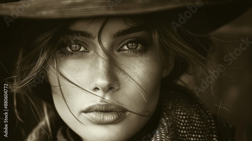 Confident, elegant woman in a vintage hat and shawl exudes timeless beauty in a sepia portrait, capturing her strong, independent spirit outdoors
