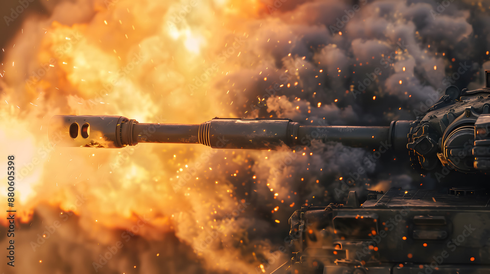 An artistic shot of a tank muzzle mid-fire, showing bright flames and smoke. Highlight the sharp details, intense heat, and realistic textures to create a visually compelling and unique image An artistic shot of a tank muzzle mid-fire, showing bright flames and smoke. Highlight the sharp details, intense heat, and realistic textures to create a visually compelling and unique image