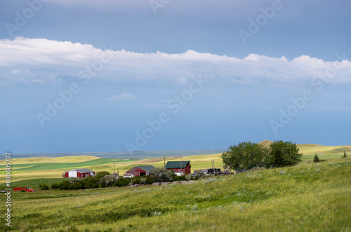 Farm buildings and agricultural fields on the prairie near the town of Assiniboia, Saskatchewan, Canada photo