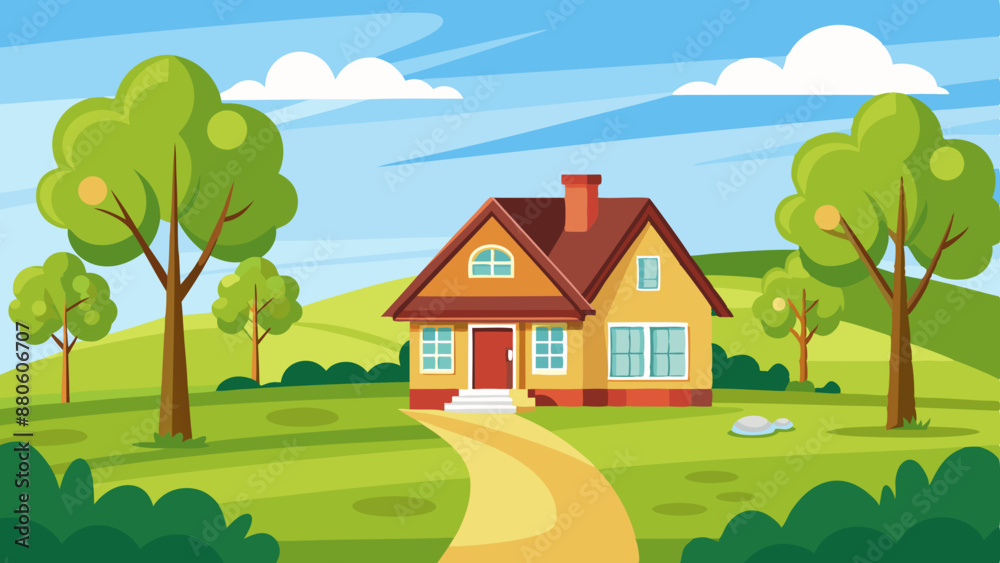 Spring countryside landscape with house, trees Cute vector illustration Spring countryside landscape with house, trees Cute vector illustration