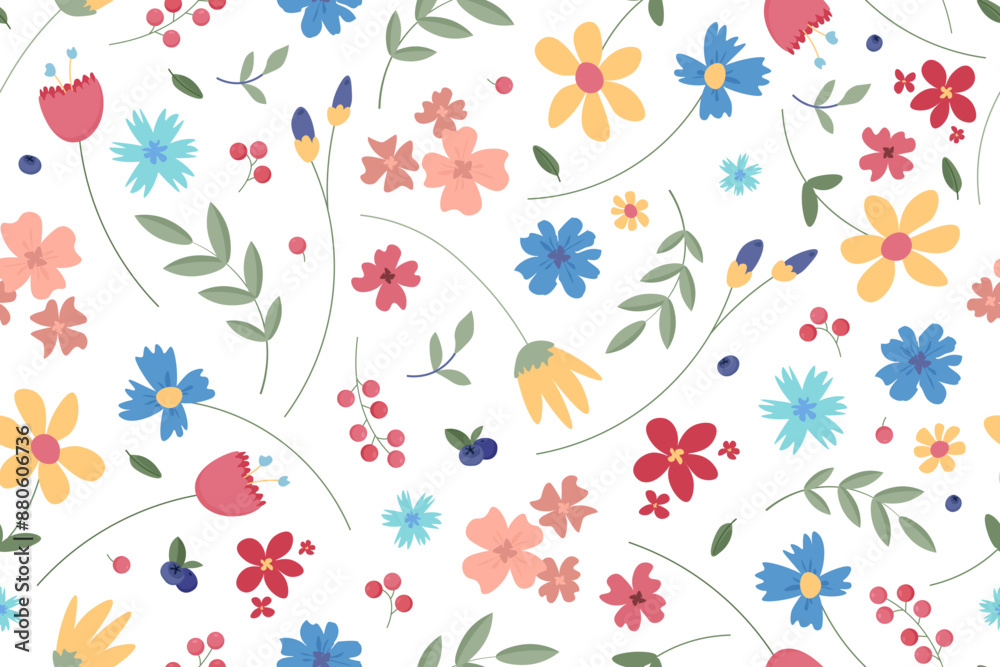 Fototapeta premium Vector floral seamless pattern with colorful flowers on white background.