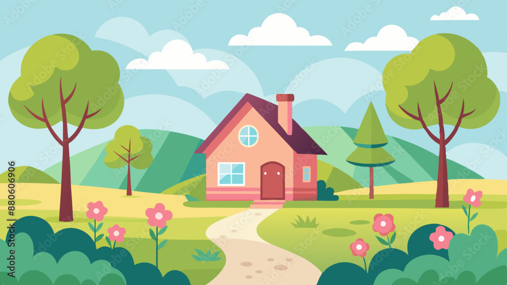 Fototapeta premium Spring countryside landscape with house, trees Cute vector illustration