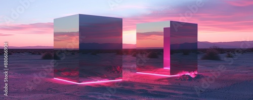 Two cubes glowing with pink neon light are standing in the desert, reflecting the colors of the sunset. This abstract image inspires a sense of mystery and wonder