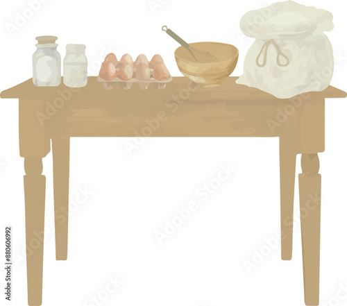 Vector Watercolor illustration, cooking. Table, servered. Illustrations for creative cooking, invitation, greeting cards, birthday, event, holiday, menu; cooking class; Master Class