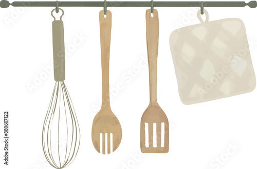 Vector Watercolor illustration, whisk, spatula, kitchenware, tableware, utensils, set for creative cooking, utensils. Invitation, greeting cards, birthday, event, holiday, menu; cooking class; Master 