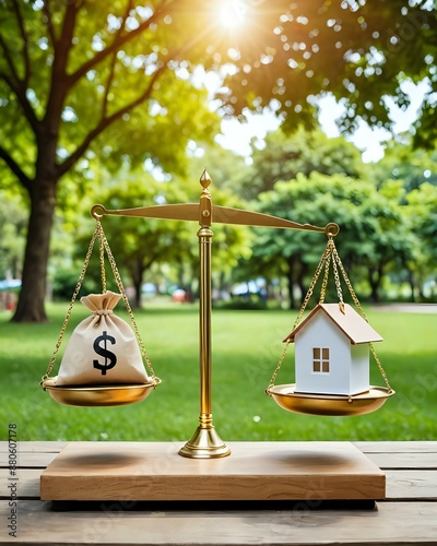 A golden scale with a house on one side and a bag of money on the other, set against a blurry background of green trees.