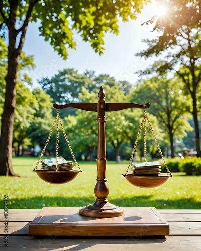 Wooden scales with stacks of money on each side in a natural setting.