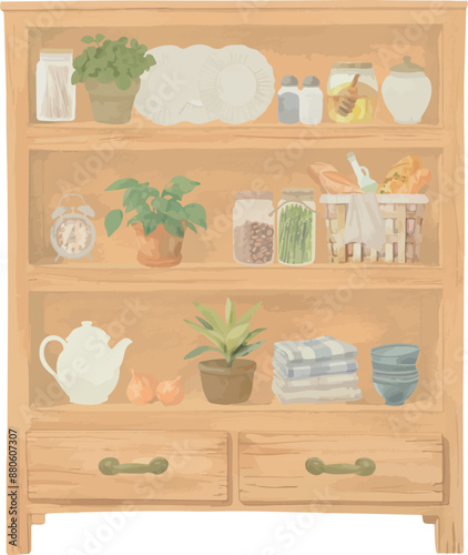 Vector Watercolor illustration. Wooden cupboard, vintage, retro, Italian style. Illustrations for creative cooking, invitation, greeting cards, birthday, event, holiday, menu; cooking class; Master Cl