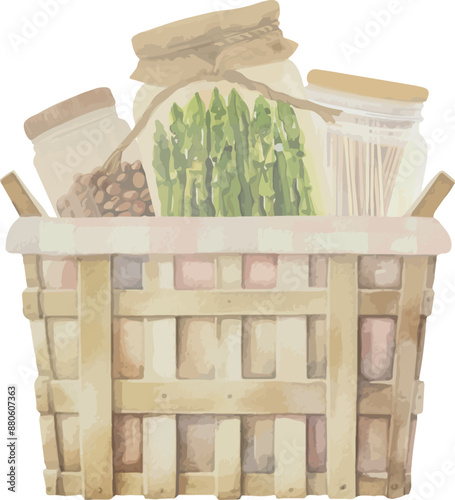 Vector Watercolor jars, basket, canned asparagus. Illustrations for creative cooking, invitation, greeting cards, birthday, event, holiday, menu; cooking class; Master Class