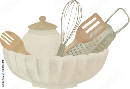 Vector Watercolor cook illustration, slotted spoon, spatula, bowl, kitchenware, tableware, utensils, set for creative cooking, utensils. Invitation, greeting cards, birthday, event, holiday, menu; coo