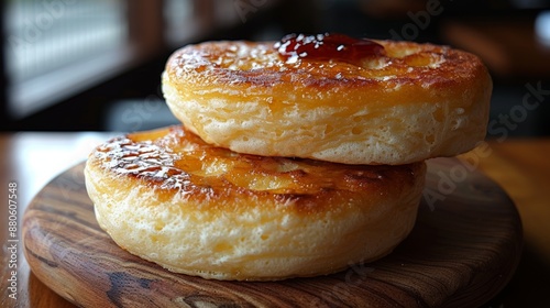 Delicious crumpets with sweet jam on rustic board, perfect for breakfast or snack at cozy cafe. Freshly baked, buttery aroma, close-up shot captures tempting details. Mouthwatering image photo