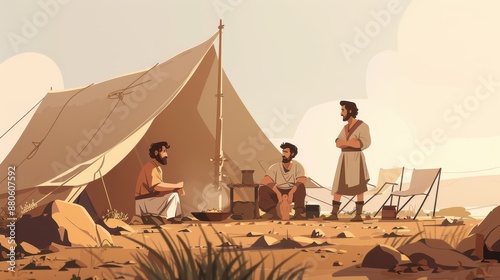 Genesis : The Birth of Esau and Jacob , Biblical Illustration of Isaac’s Tent with Young Esau and Jacob, Genesis Narrative, Beige Background, Copyspace